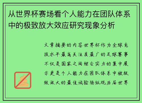 从世界杯赛场看个人能力在团队体系中的极致放大效应研究现象分析